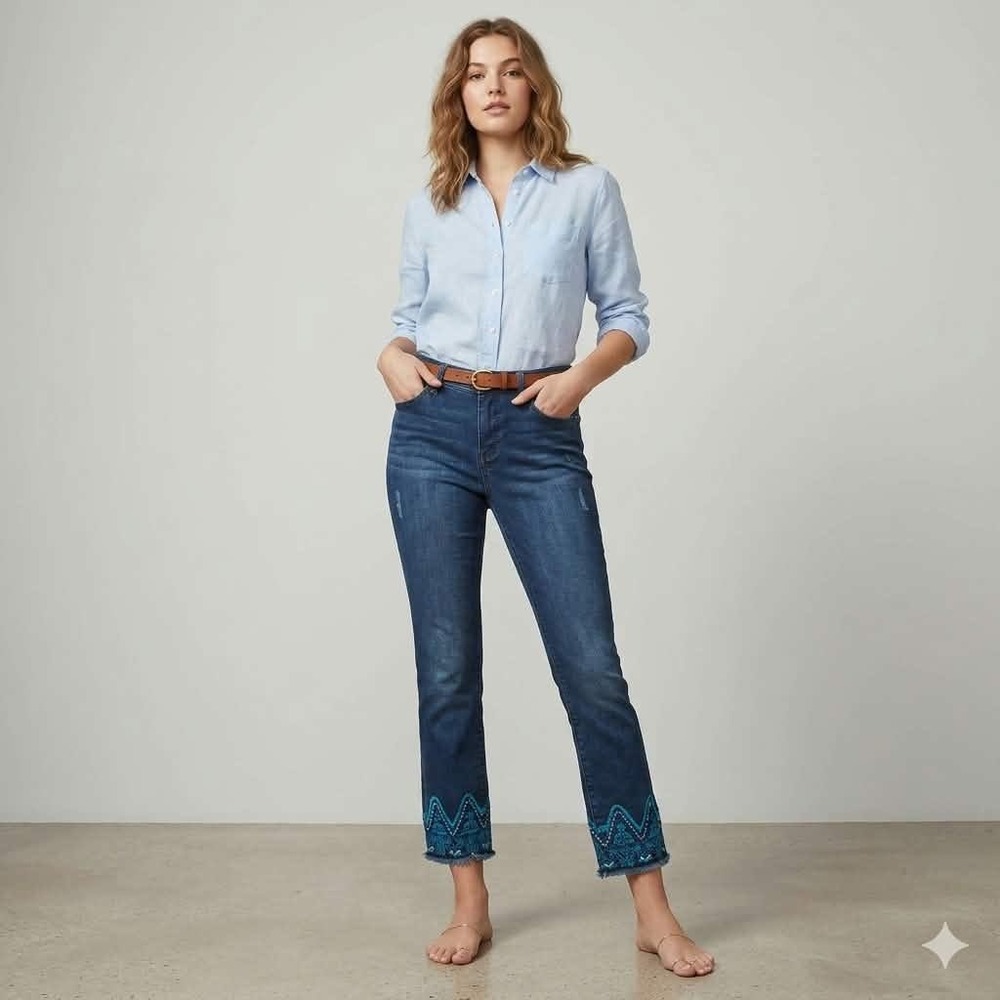 Crown & Ivy Petite Dark Wash Embroidered Frayed Hem Ankle Jeans Blue 6P
